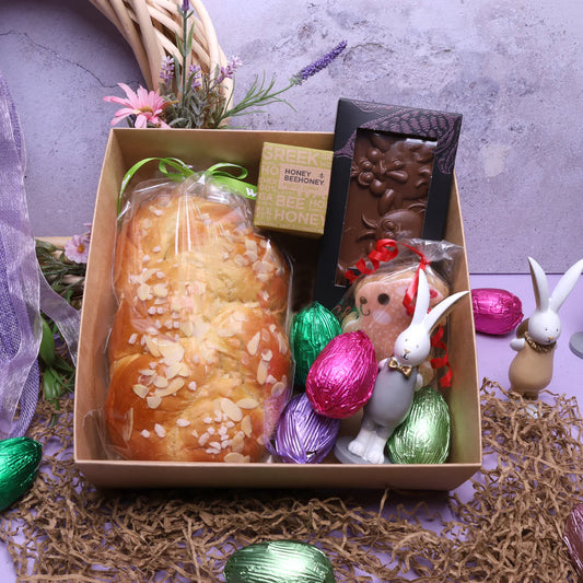 Easter Gift Box with Tsoureki, Chocolate, Honey, Chocolate Eggs & Cookie