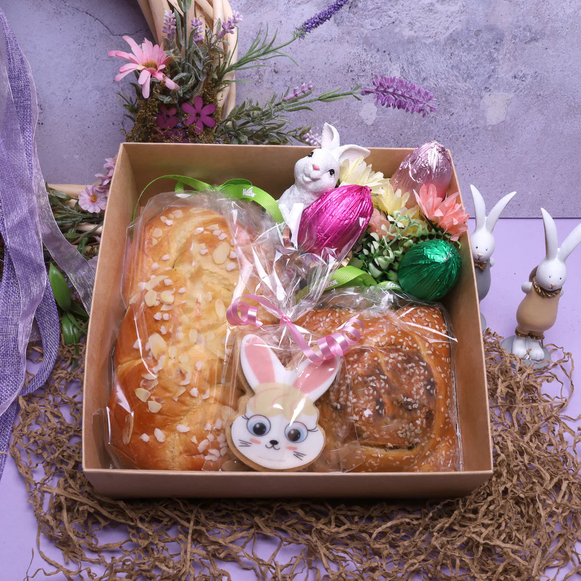 Easter Gift Box with Tsoureki, Flaouna, Chocolate Eggs & Cookies