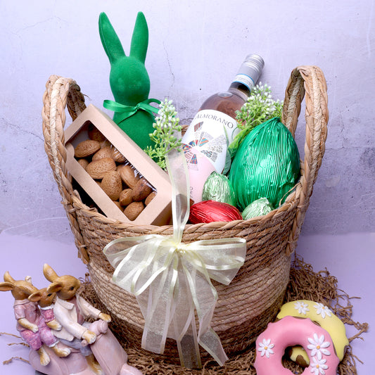 Easter Basket with Wine, Chocolate Eggs & Nuts