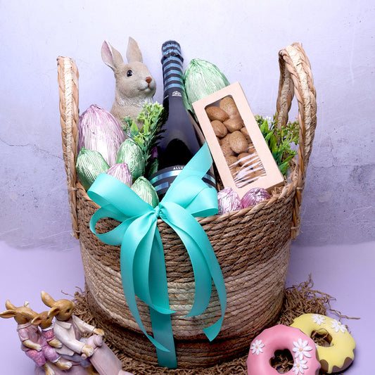 Easter Basket with Wine, Chocolate Eggs & Nuts
